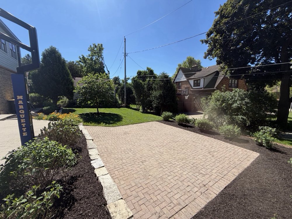 Beautiful finished landscape project with paver driveway and lush plantings
